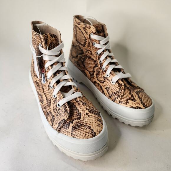 Superga Hi-Top Platform Sneakers Women's 38/7.5 Brown Reptile Leather NWOB - Picture 2 of 8